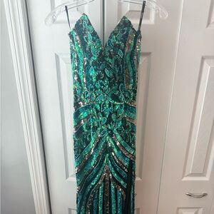 Jovani Green Sequin Gown with Floral Accents